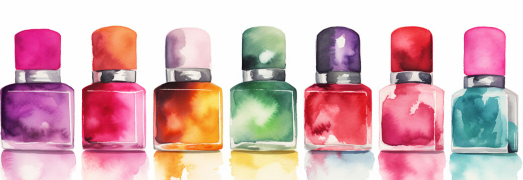 Watercolor Illustration of nail polish bottles white background Generative AI