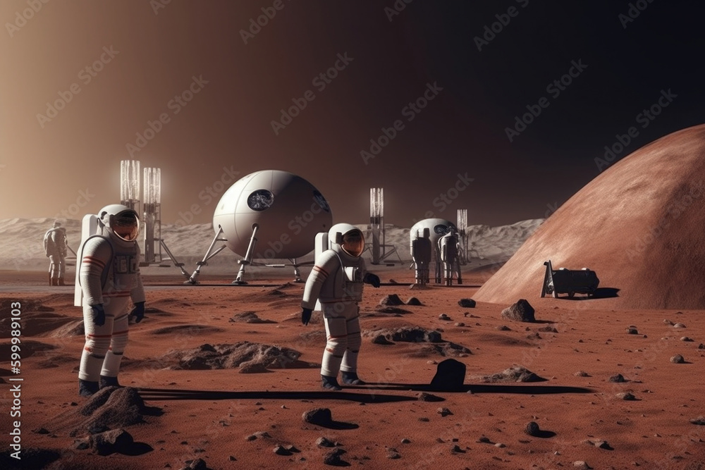 Canvas Prints astronauts wearing space suits walking on red planet, standing near base for colonization. martian c