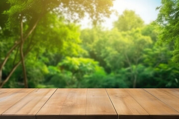 Empty wooden table with blurred natural green background. Wooden planks with space for product design. Created with Generative AI