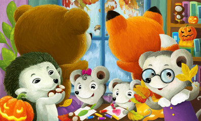 Fototapeta premium cartoon happy animals in kindergarten illustration