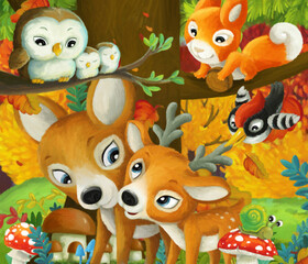Obraz na płótnie Canvas cartoon scene forest animals friends having fun
