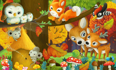 Naklejka premium cartoon scene forest animals friends having fun
