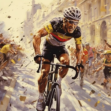 Illustration of a male road cyclist in an orange and black jersey racing through a city with fan-lined streets. This image was created using AI generative technology.