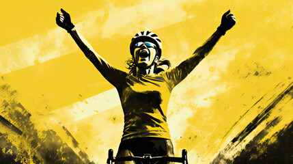 Illustration of a female cyclist in a yellow jersey raising her arms in victory. This image was created using AI generative technology.