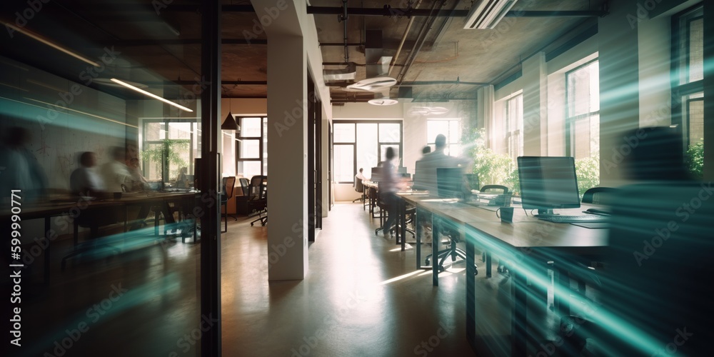 Wall mural Coworking space office and sharing desk in corporate workspace, created with Generative AI technology