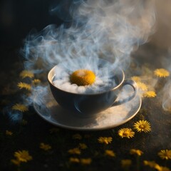 Obraz na płótnie Canvas Cup of hot chamomile tea with thick smoke generated by artificial intelligence