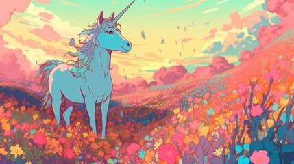 Unicorn on a blooming meadow, colorful colors in anime style. Generative AI