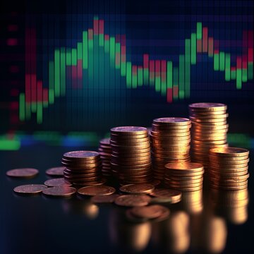 Financial investment, Stack of crypto coins for finance investor with trading graph growth, Stock market, Banking and financial, Digital economy and cryptocurrency. [IA Generativa]