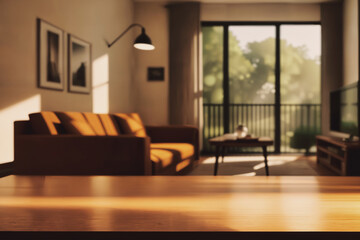 Table top with Blurred sofa Home interior decoration