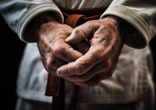 Martial Arts Master Tying His Belt with Precision. Generative AI.