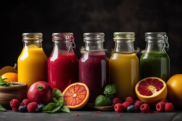 Fototapeta na wymiar Colorful freshly squeezed fruits and vegetables smoothies with ingredients for healthy eating. Detox, dieting or healthy food concept. generated by AI