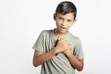 Fototapeta na wymiar boy with chest pain isolated in white background