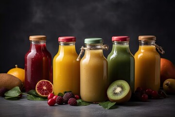 Colorful freshly squeezed fruits and vegetables smoothies with ingredients for healthy eating. Detox, dieting or healthy food concept. generated by AI
