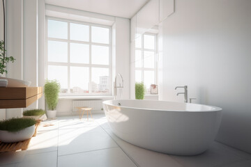 Fototapeta na wymiar Ilustración de un baño blanco con madera clara y plantas con un gran ventanal. IA generativa
