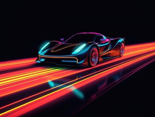 colorful car with streaks of neon light in the dark in the style of energy
