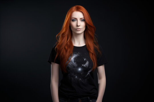Young redhead woman posing on the Halloween background with pumpkins and potions in plain black t-shirt. Mock up. High quality photo Generative AI