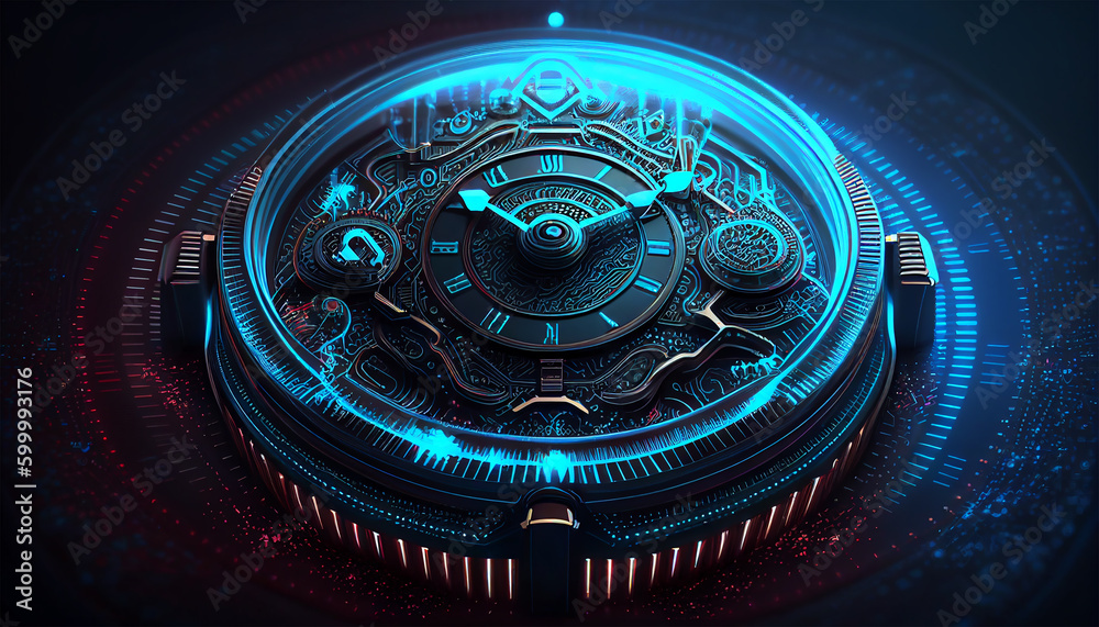 Wall mural abstract futuristic technology background with clock concept and time machine