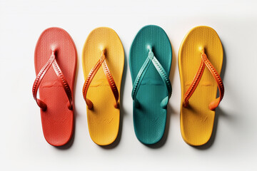 Colorful flip flops on white isolated background.Top view.Copy and text space.Created with generative ai