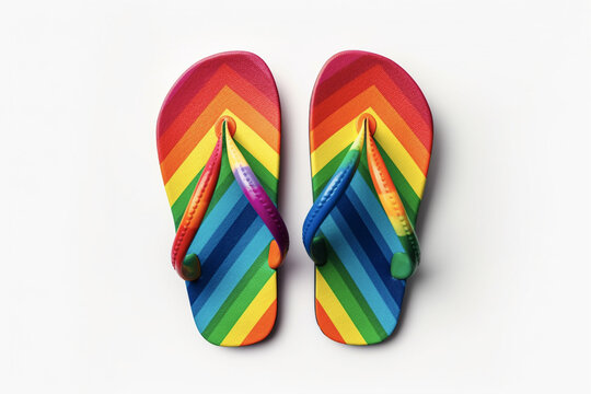 Rainbow color flip flops on white isolated background.Top view.Copy and text space.Created with generative ai