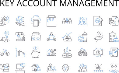 Key account management line icons collection. Strategic planning, Project management, Customer service, Sales prospecting, Business development, Marketing strategy, Brand management vector and linear