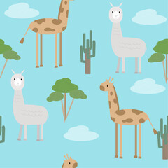 Seamless pattern with animals (llama, giraffe) in cartoon style. Vector garaphics