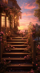 the stairs of a wooden house with 1000 roses on it, in the style of light pink and white, sunset, a busy city and beach in the distance. AI generative