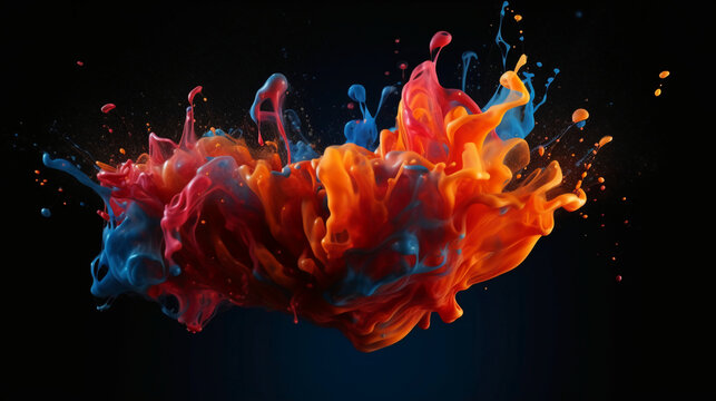 Paint drop. Ink water. Cold flame. Burning ice. Red orange blue color gradient glowing glitter fluid splash on dark black abstract art background. AI generative