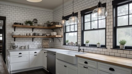 Interior design of Kitchen in Modern Farmhouse style with Large farmhouse sink decorated with Subway tile backsplash, shiplap walls material. Farmhouse architecture. Generative AI AIG24.