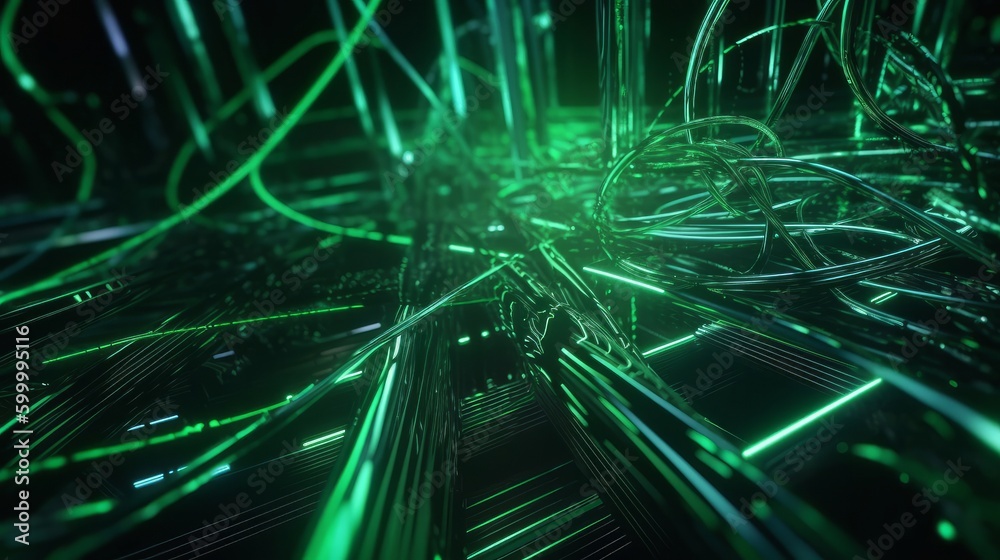 Poster 3d render abstract background green neon light impuls. generative ai. generative ai