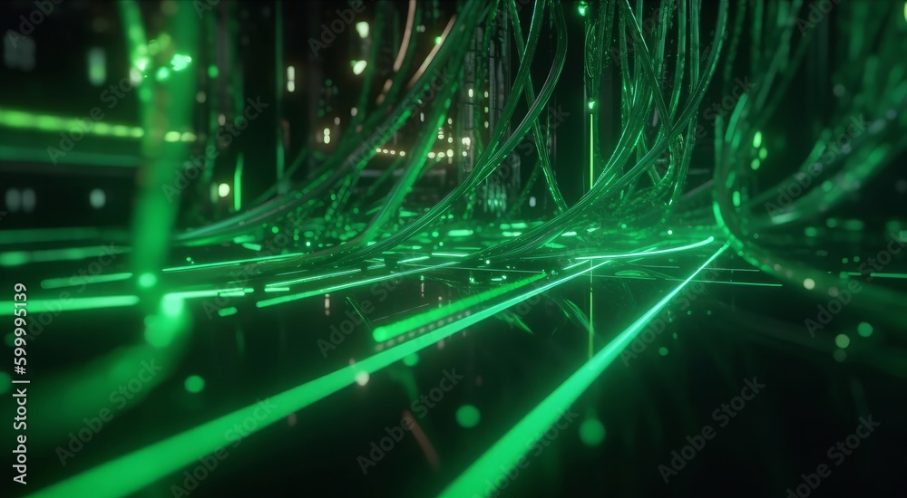 Poster abstract background green neon light impuls. Generative ai. Generative ai
