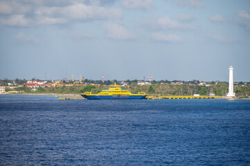 Fototapeta premium View of ferry at the port near Cozumel, Mexico.