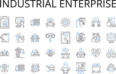 Industrial enterprise line icons collection. Commercial business, Corporate company, Manufacturing plant, Production facility, Service provider, Retail establishment, Trading company vector and linear