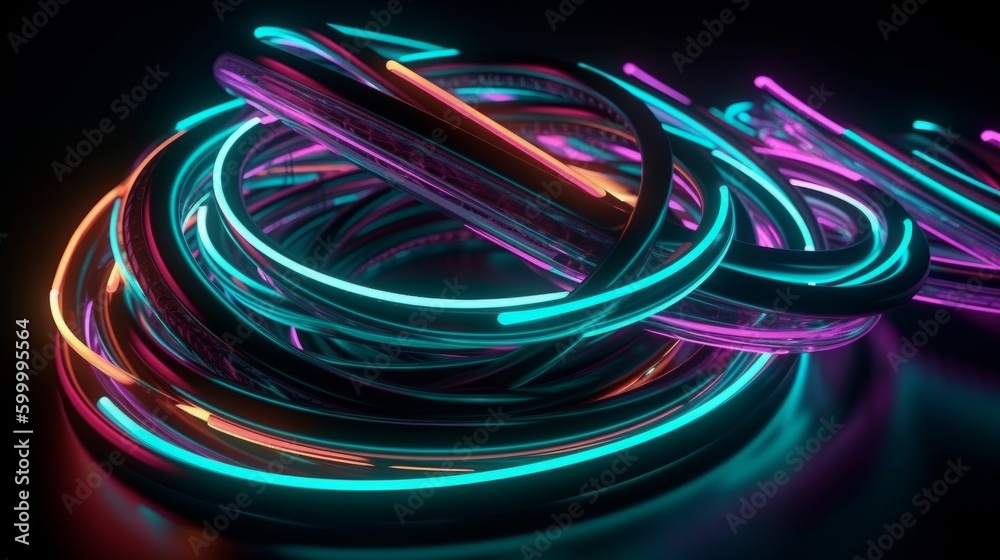 Poster neon colored wires on black background. generative ai
