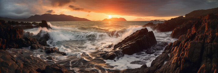 The waves are crashing over the rocks at sunset. AI generative