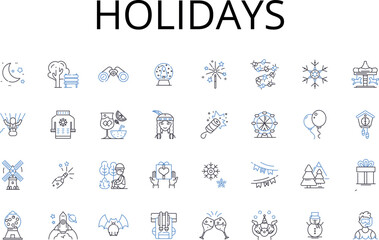 Fototapeta na wymiar Holidays line icons collection. Vacations, Getaways, Festivals, Celebrations, Breaks, Retreats, Time off vector and linear illustration. Excursions,Adventures,Retreats outline signs set