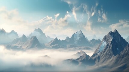 Majestic mountain range covered in clouds. Generative ai
