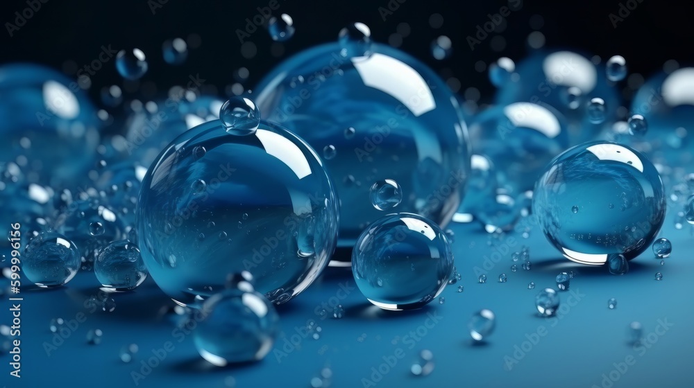 Poster blue bubbles floating on a blue surface. generative ai