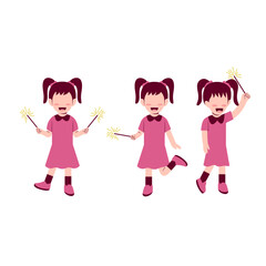 Set Of Little Girl Playing Fireworks