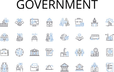 Government line icons collection. Authority Power, State Regime, Administration Management, Governance Direction, Regulator Overseer, Regime Rule, Rule Polity vector and linear illustration. Ruling