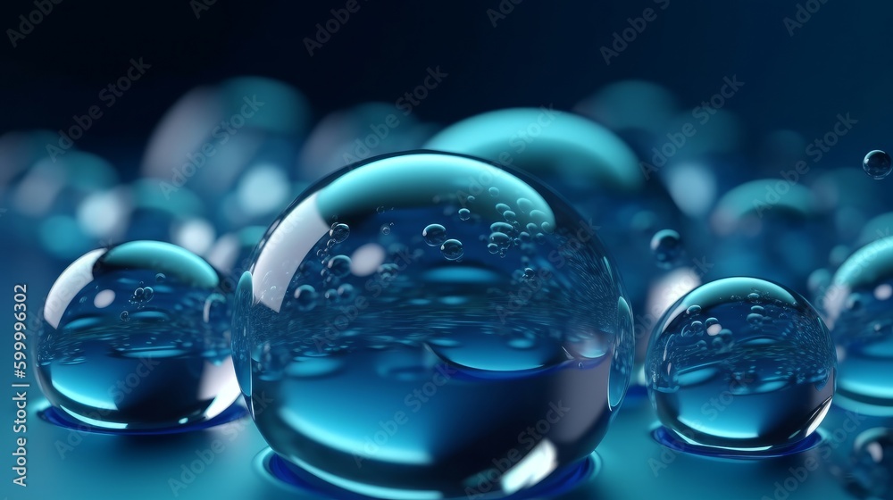 Poster Blue soap bubbles floating on a table surface. Generative ai