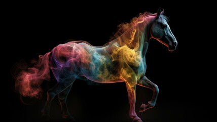 Naklejka na ściany i meble Animals surrounded by colored smoke. Horse wrapped in colored smoke. Horse original, creative and colorful. Image generated by AI. 