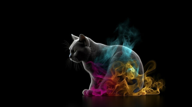 Animals surrounded by colored smoke. Cat wrapped in colored smoke. Cat original, creative and colorful. Image generated by AI.
