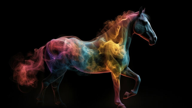 Animals surrounded by colored smoke. Horse wrapped in colored smoke. Horse original, creative and colorful. Image generated by AI.
