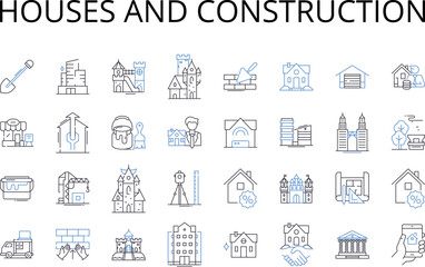 Fototapeta na wymiar Houses and construction line icons collection. Domicile, Dwelling, Residency, Habitat, Abode, Home, Shack vector and linear illustration. Cabin,Cottage,Bungalow outline signs set