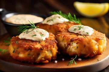delectable crab cakes with remoulade sauce, daylight, wooden board background, Southern style,...