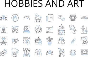 Hobbies and art line icons collection. Interests, Pastimes, Leisure activities, Spare-time pursuits, Recreations, Amusements, Entertainment vector and linear illustration. Relaxations,Diversions