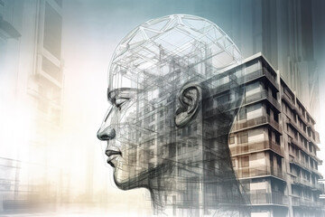 Illustration of building construction engineering project devotion with double exposure design in head. Industrial and architecture. Neural network. Generative AI