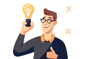 Happy man in glasses holding a lightbulb indicating good idea. Creative brainstorming and decision making concept. Vector illustration