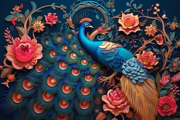 Elegant leather base combines bright color floral with exotic oriental pattern flowers and peacocks illustration background. 3d abstraction wallpaper for interior mural wall art decor. Generative AI
