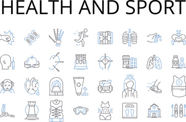 Fototapeta premium Health and sport line icons collection. Fitness, Exercise, Wellness, Physical activity, Workouts, Training, Nutrition vector and linear illustration. Diet,Workout regimen,Aerobics outline signs set